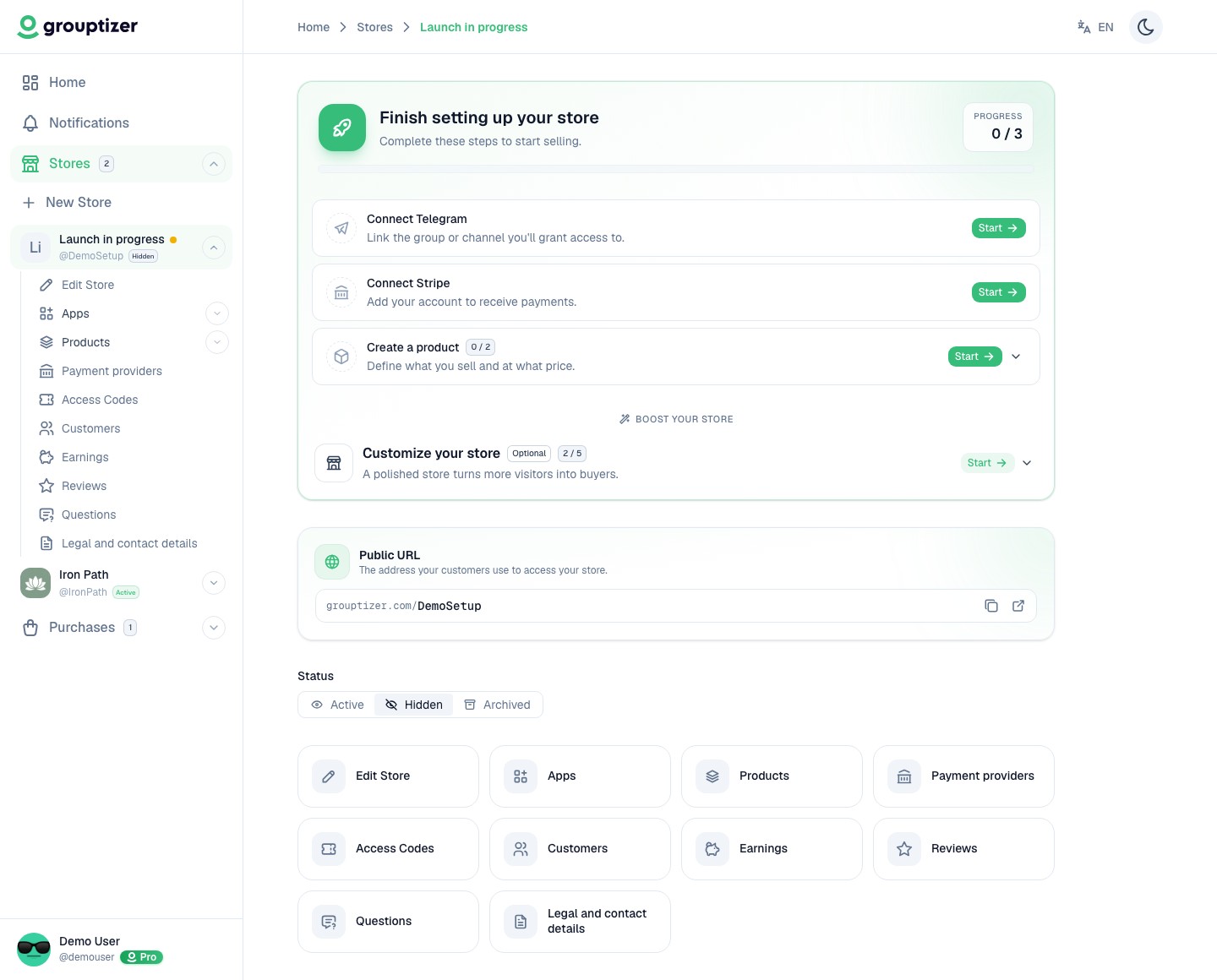 Newly created store overview