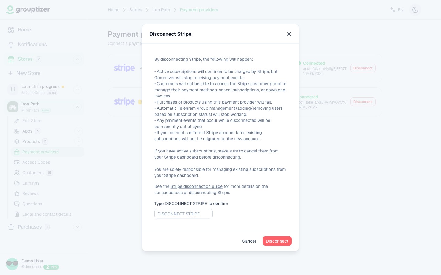 Disconnect Stripe confirmation modal