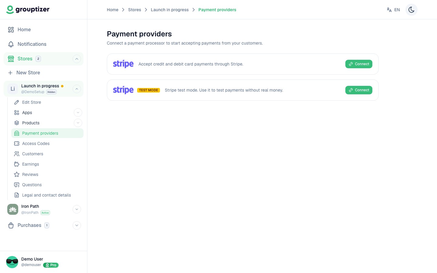 Payment providers screen — not connected