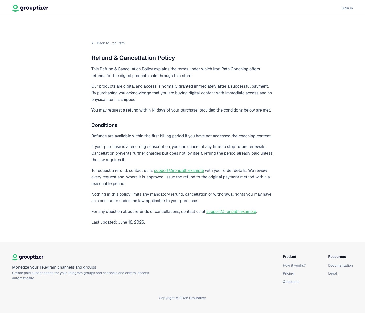 A generated refund policy page