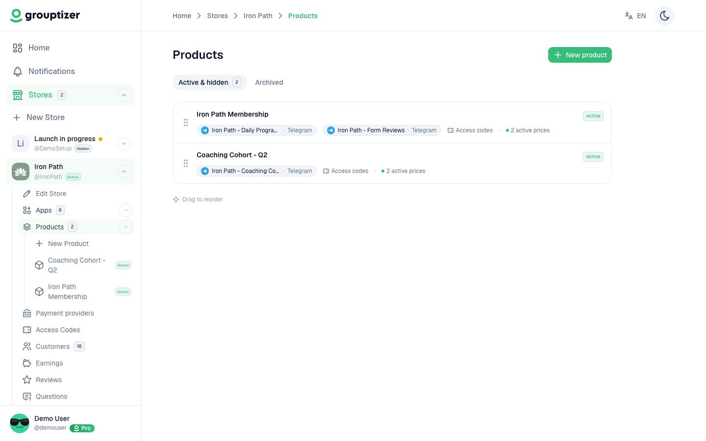 Products list with reordering