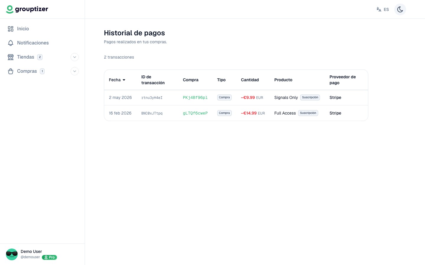 Pantalla de transacciones